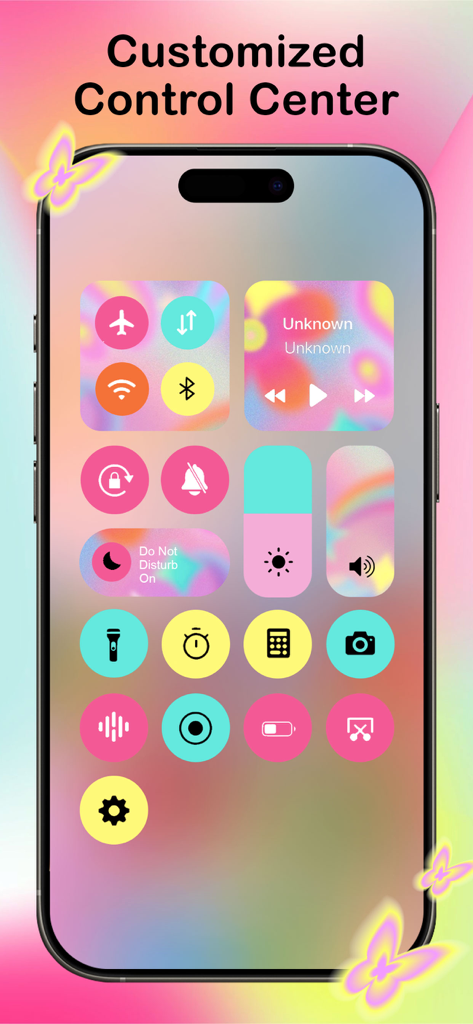 Themelia: Theme & Widget - A customized iPhone Control Center featuring a vibrant pastel aesthetic theme with colorful icons and widgets.