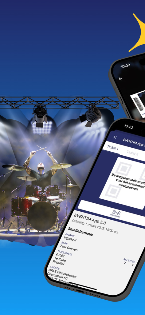 EVENTIM NL/BE - Tela de smartphone mostrando um ingresso digital de evento ao lado de uma imagem de um baterista se apresentando no palco.