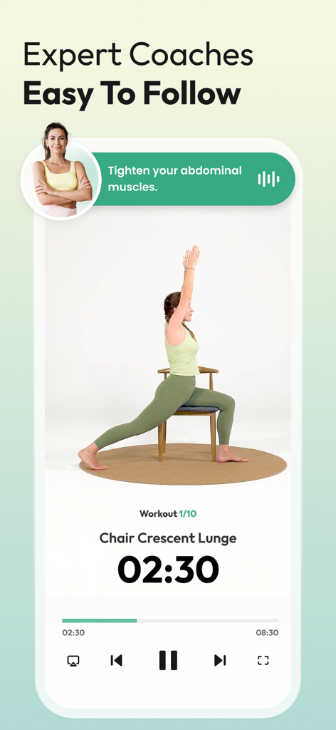 A screenshot of the Yoga Fit app showing a voice-guided chair crescent lunge workout session with an expert coach.