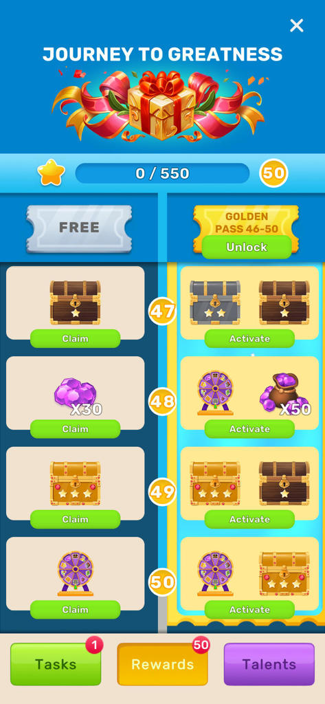 Real Life：Choices Simulator - The Journey to Greatness reward track in the Real Life Choices Simulator game showing free and golden pass tiers