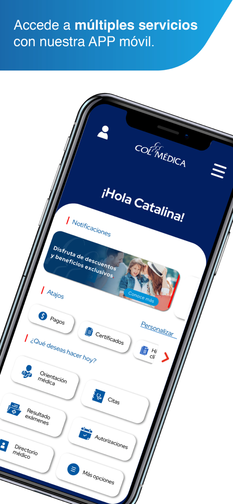 Colmédica - Colmedica mobile app dashboard showing options for medical guidance appointments and results