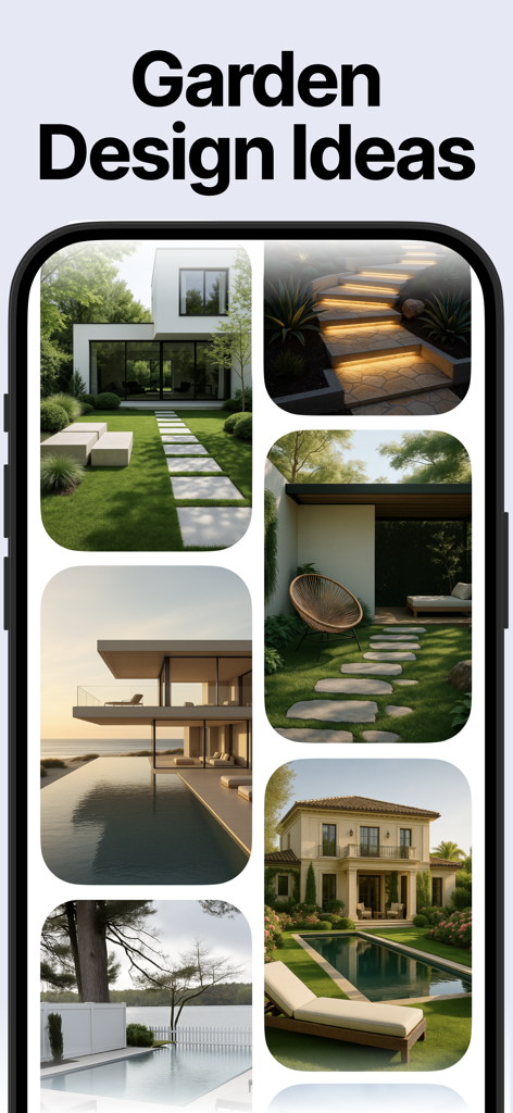 Landscape AI: AI Garden Design - Uma coleção de ideias de design de jardim moderno, incluindo piscinas, pátios e caminhos exteriores