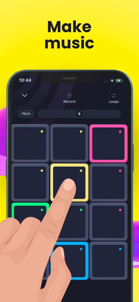 Hip-Hop Drum Pads Guru - A hand tapping colorful drum pads on a mobile phone interface to create hip hop music