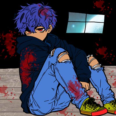 a male hoddie ripped jeans messy hair anime