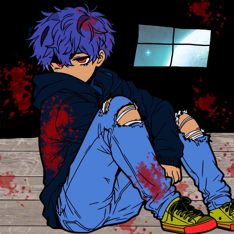 a male hoddie ripped jeans messy hair anime