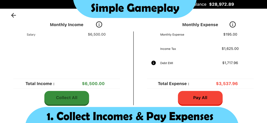 Rat Race 2 - Investing Game - Pantalla de juego de Rat Race 2 que muestra la gestión mensual de ingresos y gastos