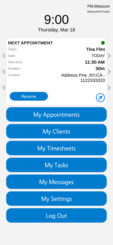 Panel principal de la aplicación de terapia ABA MeasurePM que muestra la próxima cita programada y el menú de navegación.