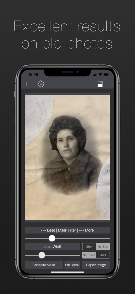 Damaged Photo Restore & Repair - App interface showing the restoration process of a vintage black and white portrait with repair tools