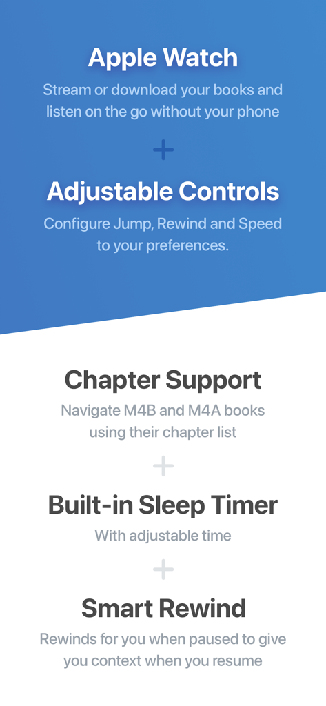 BookPlayer - Panoramica delle funzioni di BookPlayer tra cui supporto Apple Watch, controlli regolabili e riavvolgimento intelligente