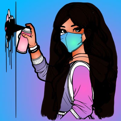 realistic girl with mask spray painting a wall