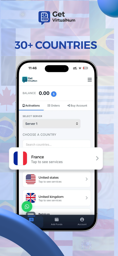30개국 이상의 가상 전화번호 목록을 보여주는 가상 번호 받기 앱 인터페이스