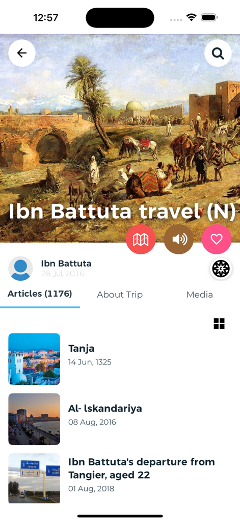 A screenshot of the Ibn Battuta travel app interface displaying a historical painting header and a list of travel articles.