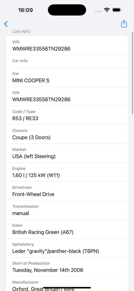 Interfaz que muestra especificaciones detalladas del vehículo para un MINI Cooper S decodificadas a partir de un número de VIN.