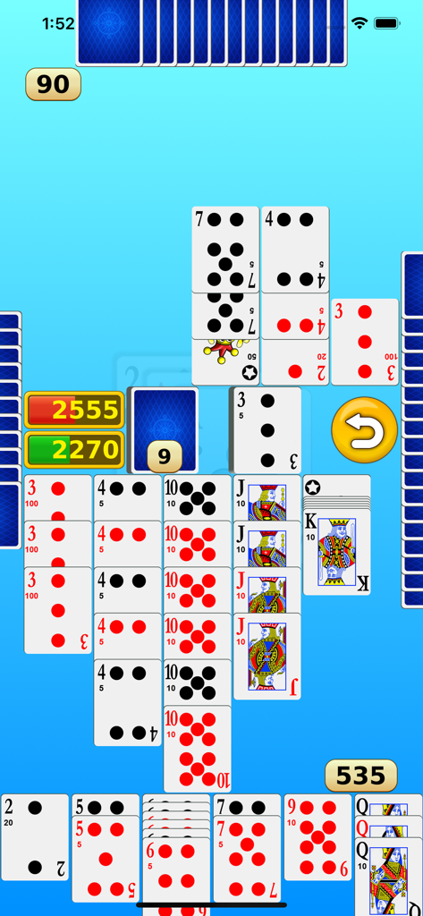 Canasta - Online & offline - A gameplay screen of the Canasta card game app showing melded cards and scores in portrait mode.