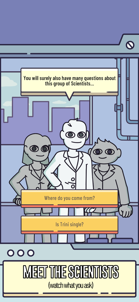 A World Without... Videogames - A chat interface in the Naisekai game showing three scientists and interactive dialogue options