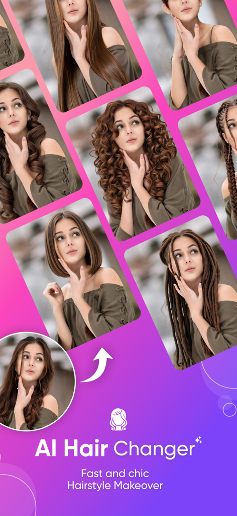 AI Hair Changer - Color Change - Una mujer mostrando varios peinados y colores generados por IA para un cambio de look virtual.