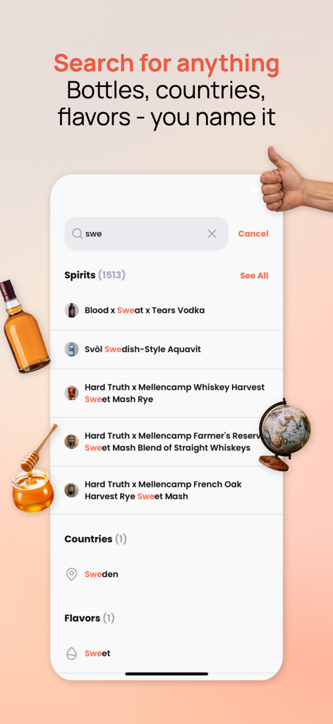 Distiller - Liquor Reviews - Uma interface de pesquisa no aplicativo Distiller mostrando resultados de licores filtrados por países de garrafas e sabores.