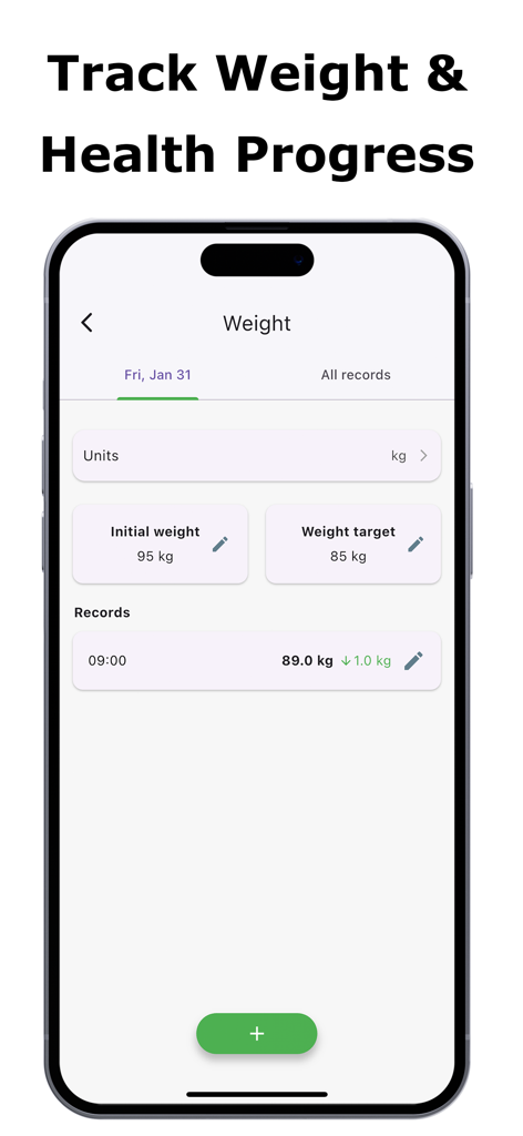 Glycemic Index & Load Tracker - Ein Smartphone-Bildschirm, der eine Gewichtsverfolgungsfunktion mit Zielen und aktuellen Fortschrittsprotokollen anzeigt.