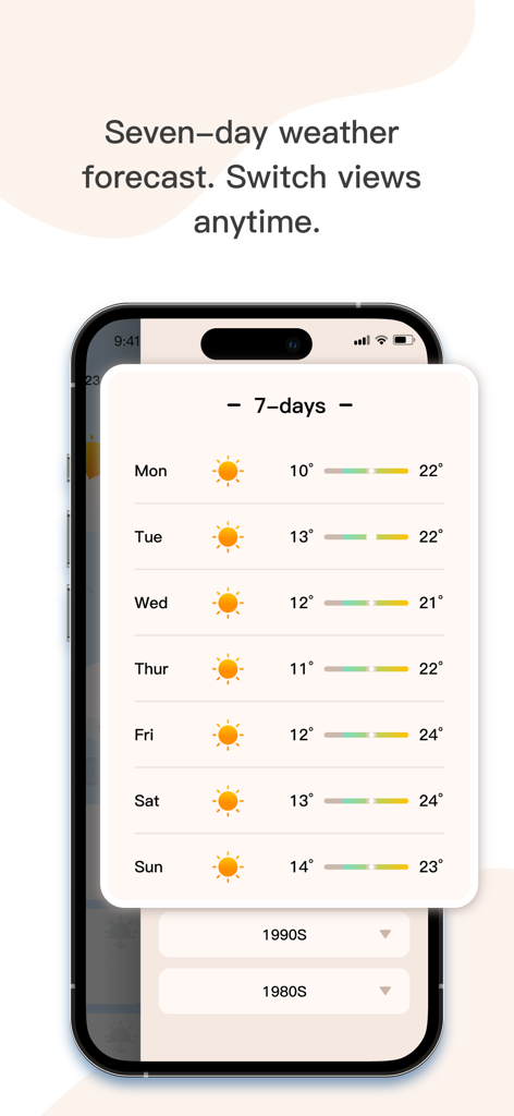 A mobile screenshot of the Weather Timeline app showing a seven day weather forecast and historical data options for the 1980s and 1990s