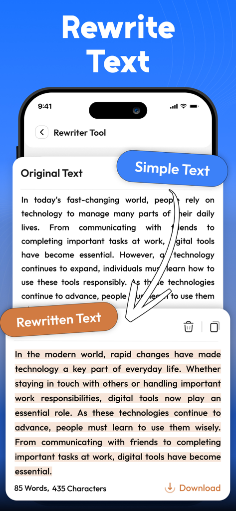 Paraphrase Tool - Humanize Ai - A mobile app interface showing original text being converted into rewritten text for improved clarity.