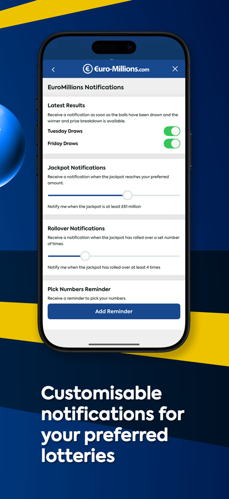 EuroMillions - Écran des paramètres de notification de l'application EuroMillions pour les alertes jackpot et les résultats des tirages