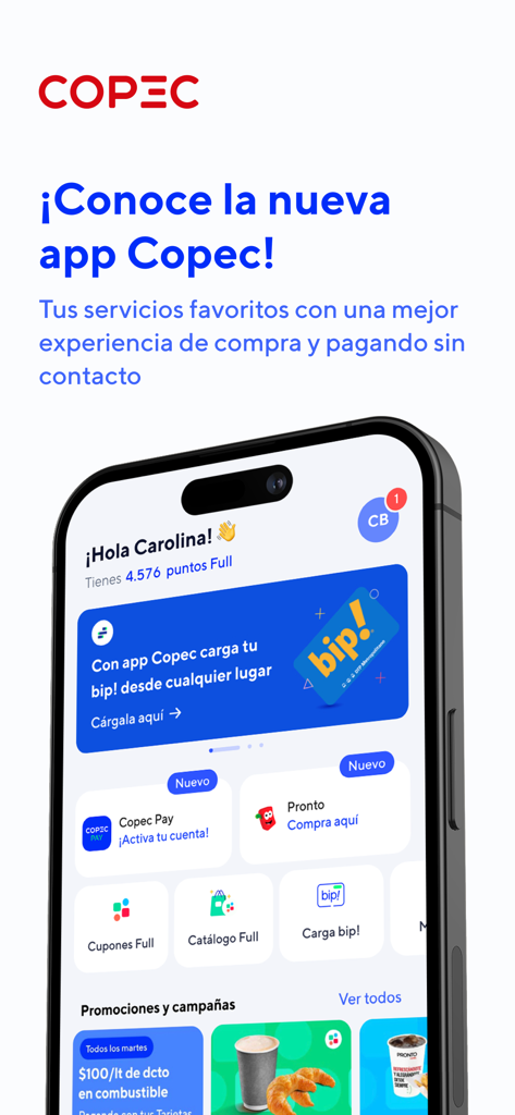 The home screen of the Copec app on a smartphone displaying services like transit card top up and digital payments
