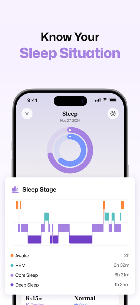 Well AI app interface showing a detailed sleep stages chart with REM and deep sleep data