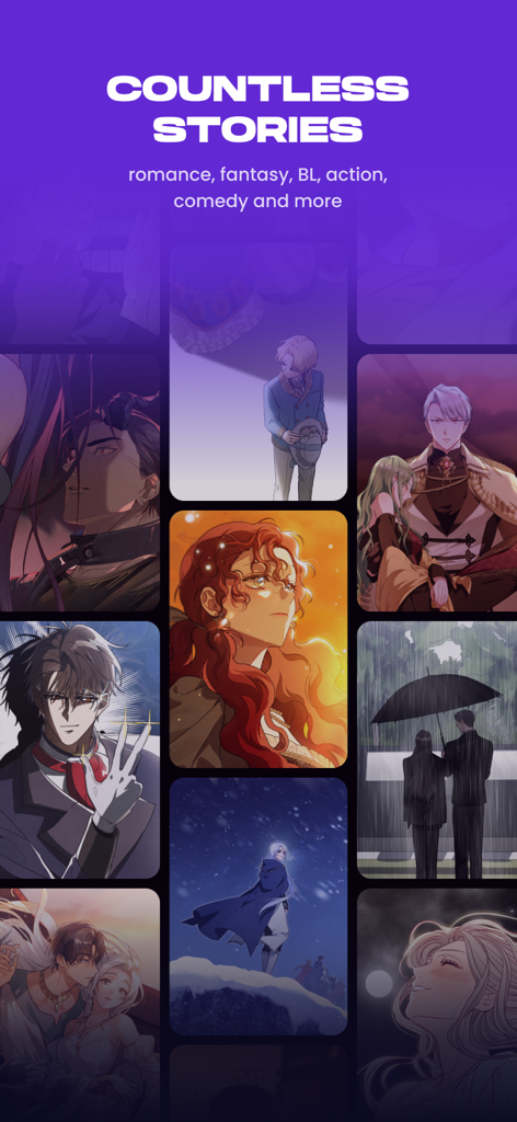 Grid of colorful manhwa art panels featuring various genres and characters in the Manta app