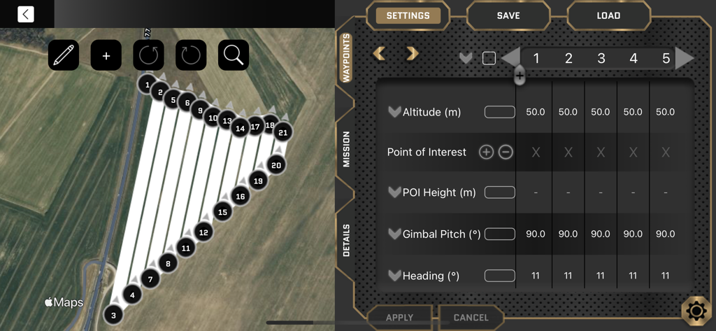 One Click Drone - Drone mission planning interface showing a mapped flight path with waypoints and adjustable settings for altitude and camera pitch