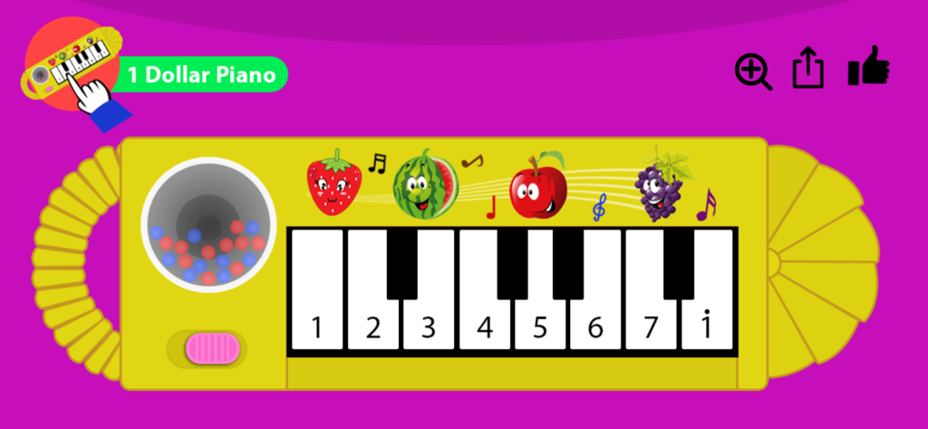 1 Dollar Piano - A yellow toy piano interface with numbered keys and cartoon fruits on a purple background