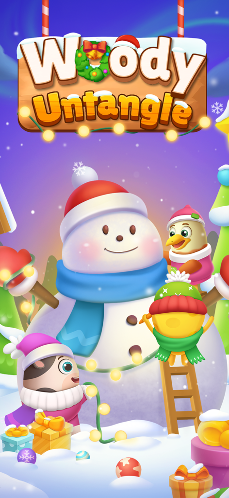 Pantalla del rompecabezas Woody Untangle Rope 3D con tema navideño, con un muñeco de nieve y personajes lindos en un paisaje nevado