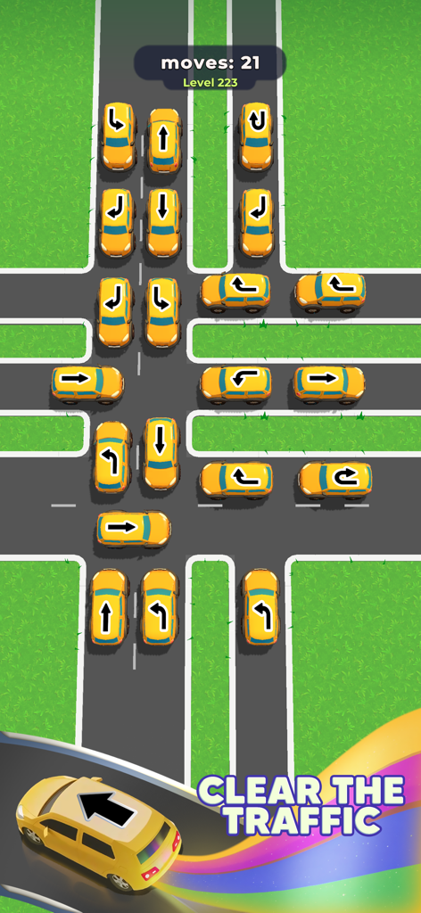 Traffic Escape! - Una vista cenital de un nivel de puzle de tráfico con coches amarillos y flechas direccionales en una intersección de carretera.