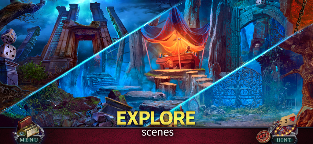 Fatal Luck: Adventure (F2P) - Fatal Luck Adventureの3つの謎めいたゲームロケーションのコラージュ、テキストオーバーレイ「シーンを探索」が表示されています