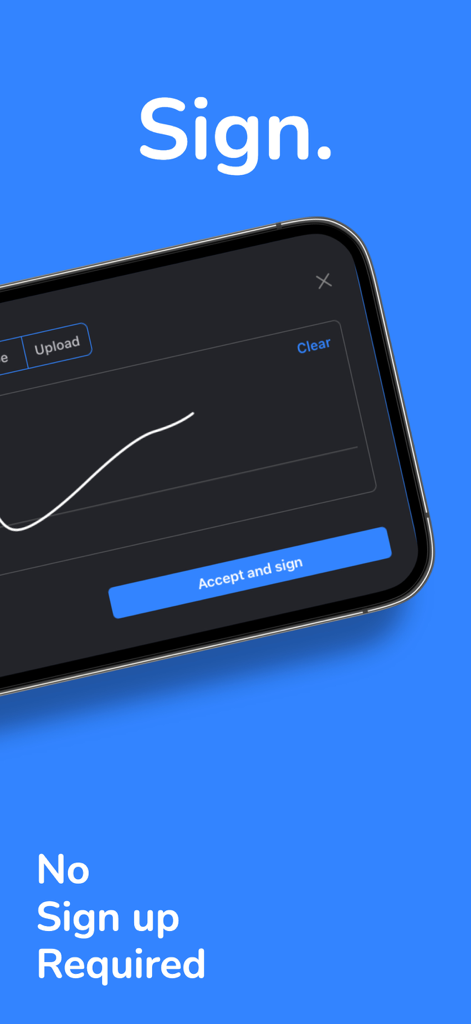 eSign App - Capture d'écran de l'application eSign montrant un pavé de signature numérique sur un téléphone mobile avec le texte "Aucune inscription requise"