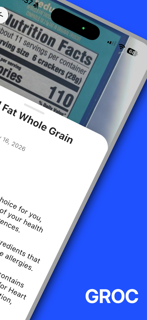GROC AI - A close up of the GROC AI app scanning a nutrition facts label for a whole grain product to provide personalized health insights.