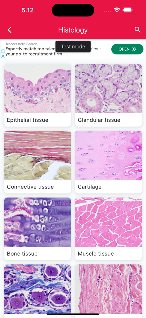 HistoGrams⁺ - 상피, 분비샘, 근육 조직과 같은 다양한 조직 유형에 대한 조직학 범주와 현미경 슬라이드를 보여주는 HistoGrams 앱