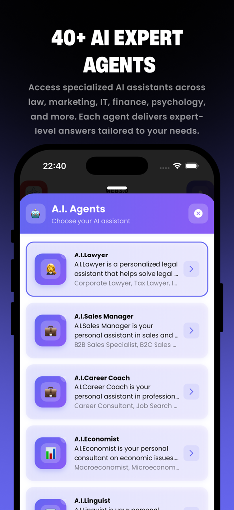 Écran de smartphone montrant une liste d'agents IA spécialisés, y compris un directeur des ventes juridique et un coach de carrière.