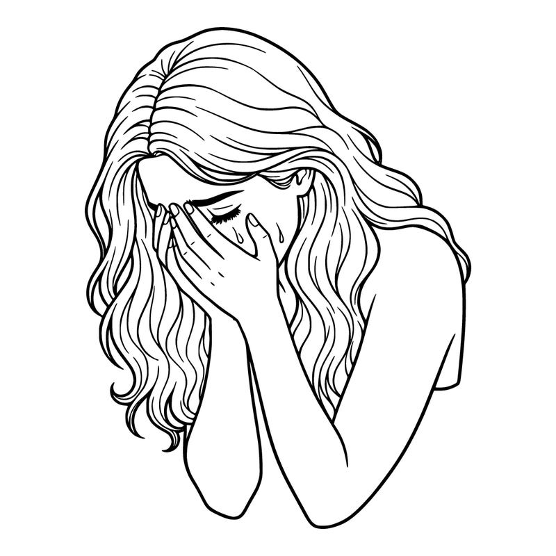 girl with beautiful hair who is crying with her head in her hands