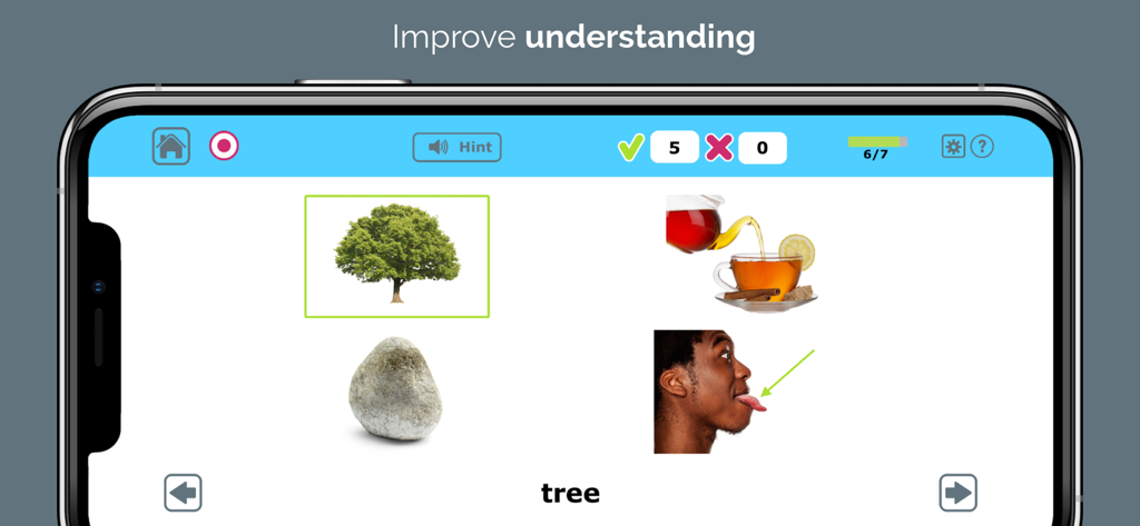 Uma captura de tela do aplicativo Language Therapy Lite mostrando um exercício de compreensão onde o usuário identifica uma imagem de uma árvore