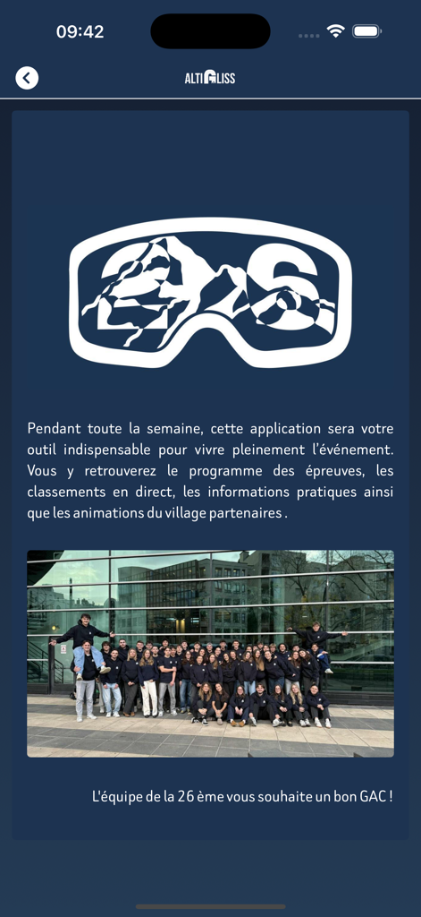 GEM Altigliss Challenge - Welcome screen of the GEM Altigliss Challenge mobile app featuring the event logo and the student organizing team photo