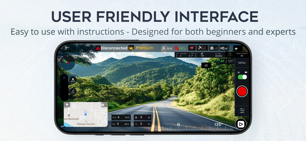 Drone camera app interface displaying a real-time aerial view of a road through green mountains