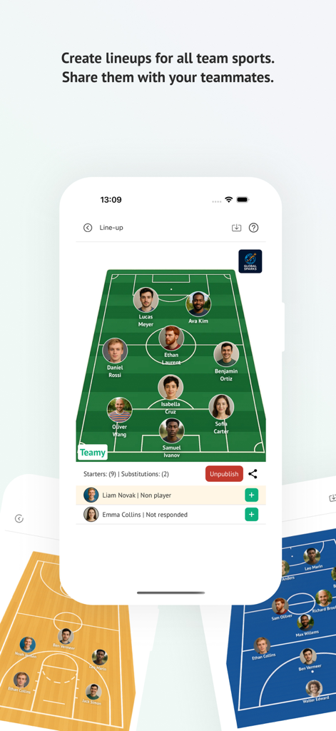 Teamy App-Oberfläche, die eine Sportmannschaftsaufstellung mit Spielerfotos auf einem Spielfeld zeigt