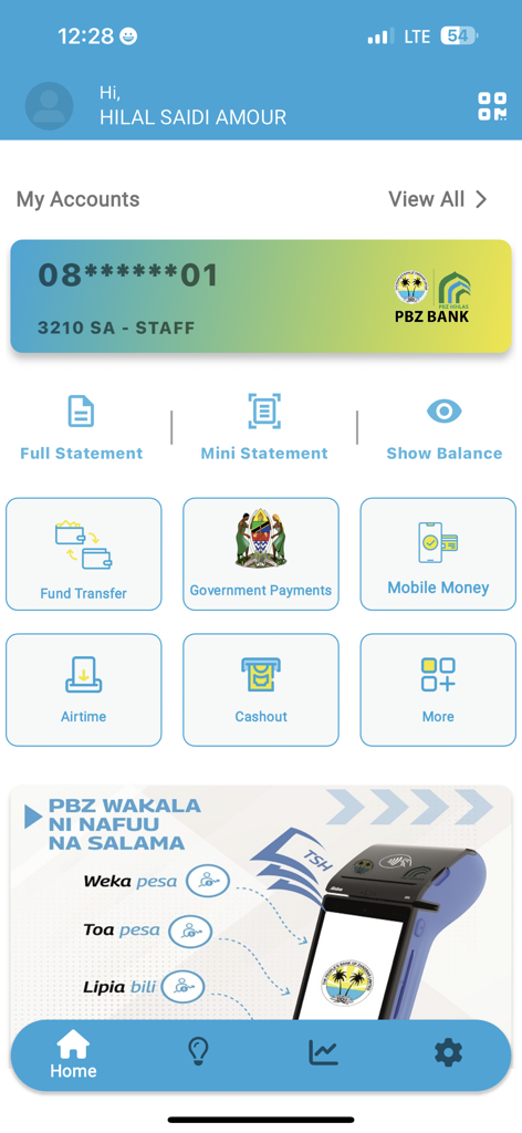 La schermata principale dell'app di mobile banking PBZ che mostra il riepilogo dell'account e le opzioni di servizio