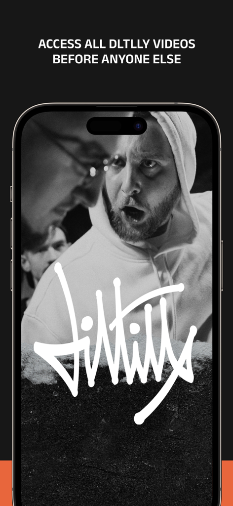 A smartphone displaying the battle(r)app interface with a German rap battle in black and white and the DLTLLY logo.