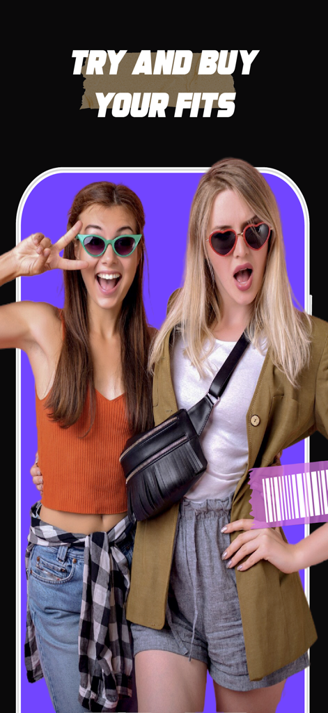 Dos jóvenes elegantes mostrando la función de probar y comprar tus atuendos en la aplicación Slikk