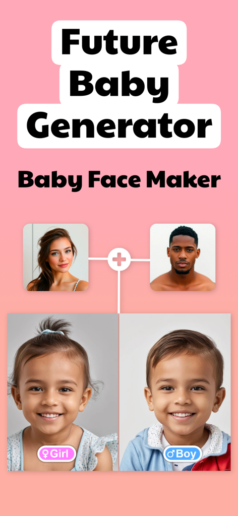 Future Baby Generator interface showing AI predicted baby faces from couple photos