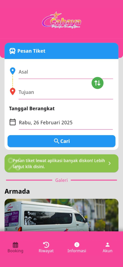 Cahaya Shuttle - Cahaya Shuttle mobile app home screen with ticket booking options and shuttle van image