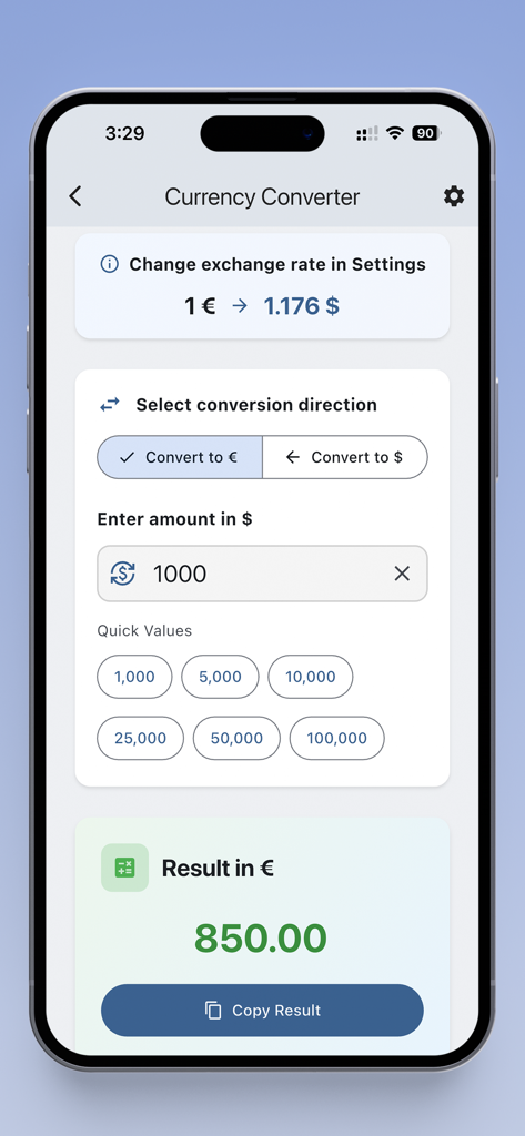 Debt Manager - Money Tracker - Currency converter screen in the Debt Manager app showing a conversion from dollars to euros with exchange rates and quick value options