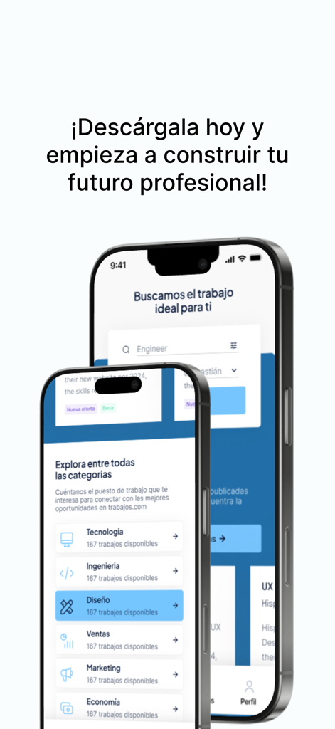 Trabajos.com - Smartphones mostrando la interfaz de búsqueda de empleo de la aplicación móvil Trabajos.com.