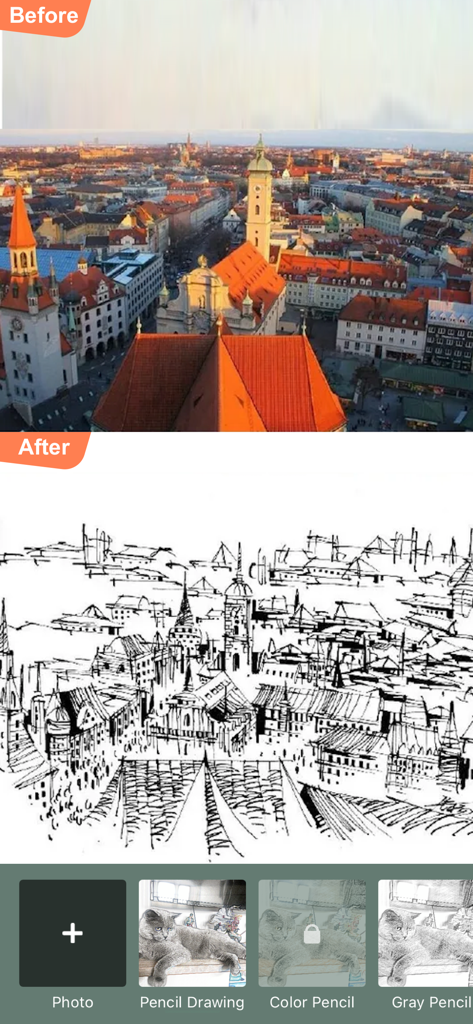 Photo to Sketch Drawing Maker - 都市の写真が白黒の鉛筆スケッチに変換された、変更前と変更後の比較